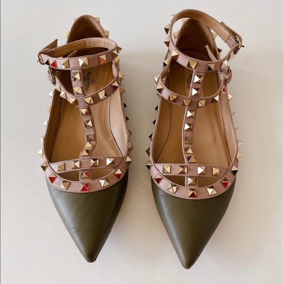 Rockstud Caged Ballet Flat. Olive + Nude straps - Picture 2 of 9
